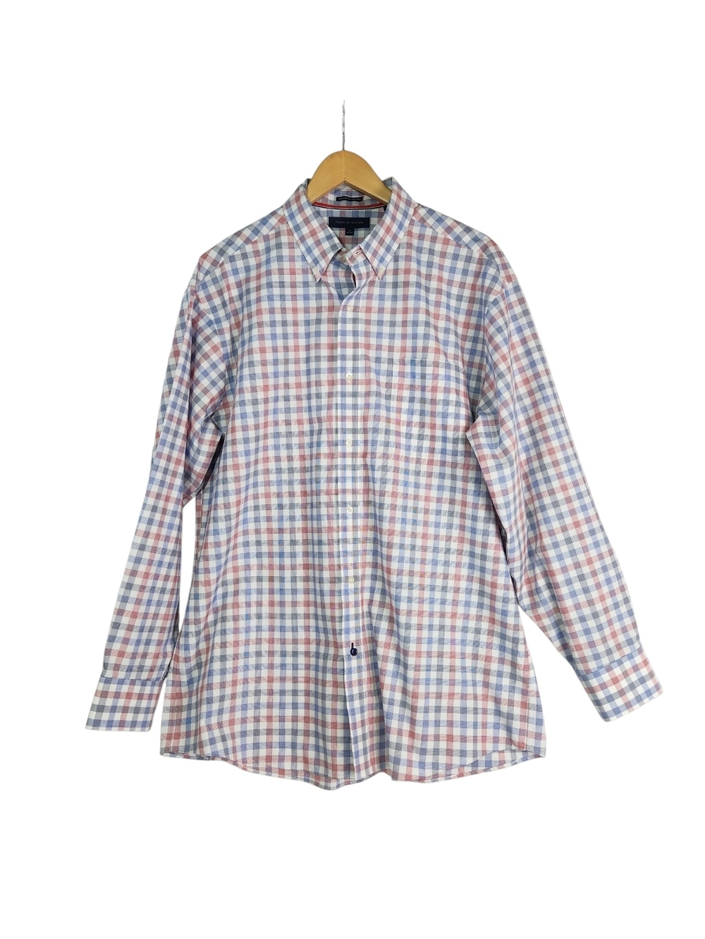 Tommy Hilfiger Mens 17 34/35 Plaid Button Down Shirt Regular Fit Red White Blue - Picture 2 of 16